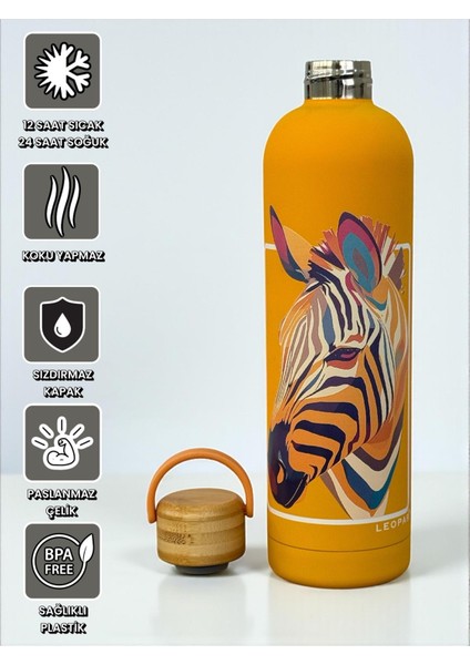 Bambu Kapaklı Turuncu Renk Zebra Figürlü 1000 ml Paslanmaz Çelik Termos fiyatları