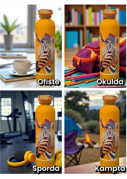 Bambu Kapaklı Turuncu Renk Zebra Figürlü 1000 ml Paslanmaz Çelik Termos modelleri