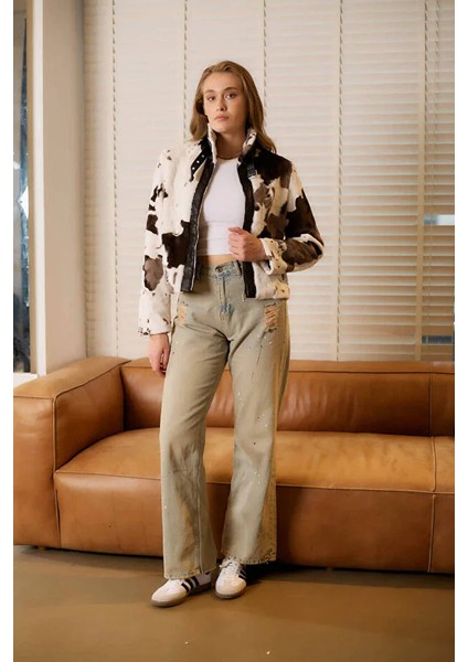 D99756 Desenli Yumuşak Doku Kadın Kısa Kürk Mont Siyah Beyaz fırsatları