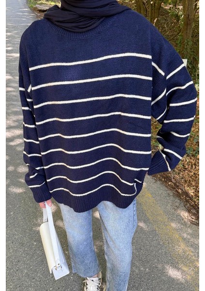 Çizgili Triko Kazak Lacivert modelleri