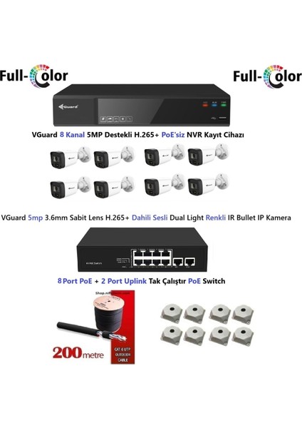 Nif Bilişm Vguard 5mp Dahili Sesli ve Gece Renkli 8 Kameralı Tak Çalıştır Hazır Ip Kamera Seti Disk Yoktur