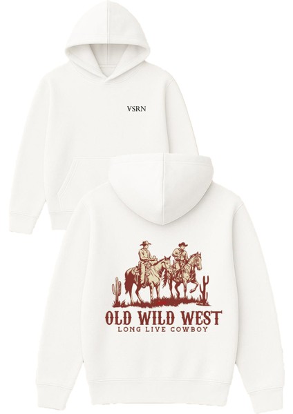 Old Wıld West Tasarım Baskılı Oversize Beyaz Kapüşonlu Sweatshirt