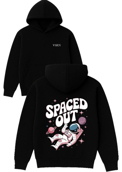 Spaced Out Tasarım Baskılı Oversize Siyah Kapüşonlu Sweatshirt