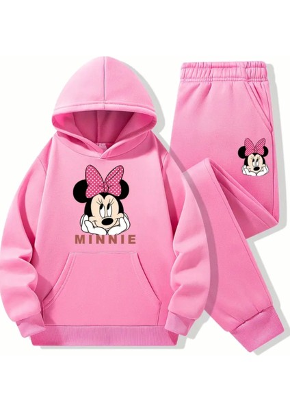 Punıx Kıds Özel Tasarım Kapüşonlu Pembe Kurdeleli Minnie Baskılı %100 Pamuk Kışlık Kız Çocuk Eşofman Takımı