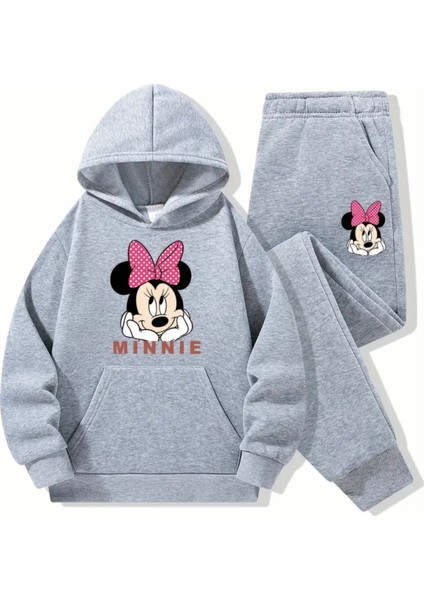 Punıx Kıds Özel Tasarım Kapüşonlu Pembe Kurdeleli Minnie Baskılı %100 Pamuk Kışlık Kız Çocuk Eşofman Takımı