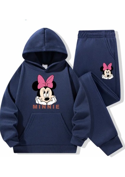 Punıx Kıds Özel Tasarım Kapüşonlu Pembe Kurdeleli Minnie Baskılı %100 Pamuk Kışlık Kız Çocuk Eşofman Takımı