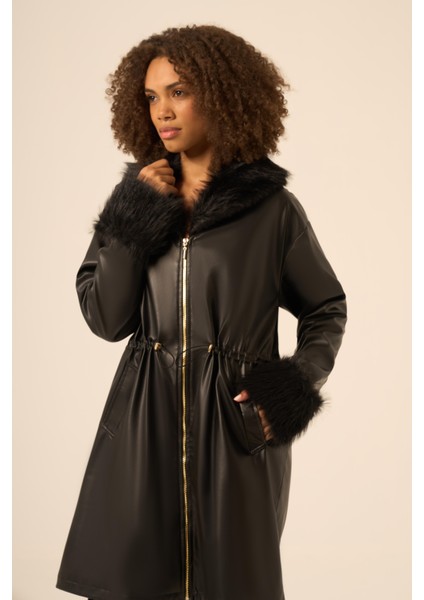 Bayan Kürk Yaka Deri Kaban Siyah 31242