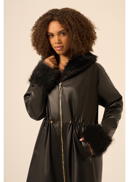 Bayan Kürk Yaka Deri Kaban Siyah 31242 fiyatları