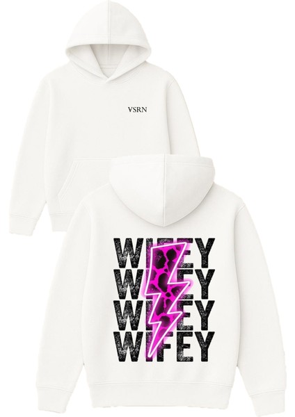 Wıfey Wıfey Tasarım Baskılı Oversize Beyaz Kapüşonlu Sweatshirt