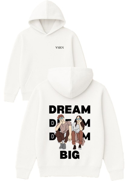 Dream Bıg Tasarım Baskılı Oversize Beyaz Kapüşonlu Sweatshirt