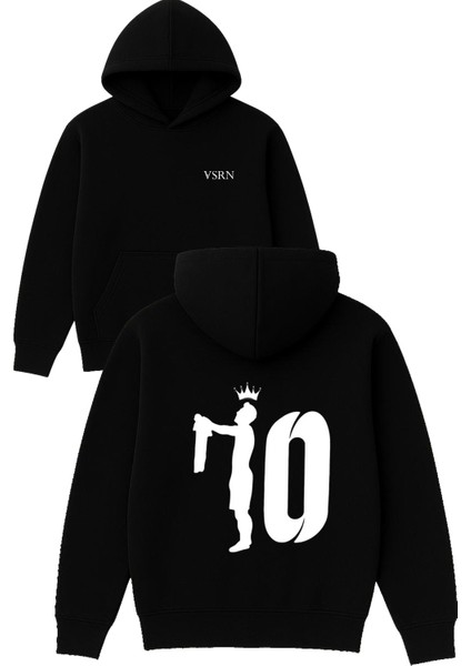 On Tasarım Baskılı Oversize Siyah Kapüşonlu Sweatshirt