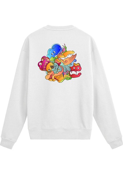 Sırt Baskılı Renkli Karikatür Tasarımlı Sweatshirt