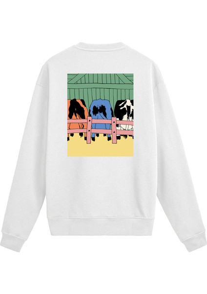 Sırt Baskılı Renkli Karikatür Inek Tasarımlı Sweatshirt