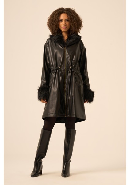 Bayan Kürk Yaka Deri Kaban Siyah 31242 modelleri