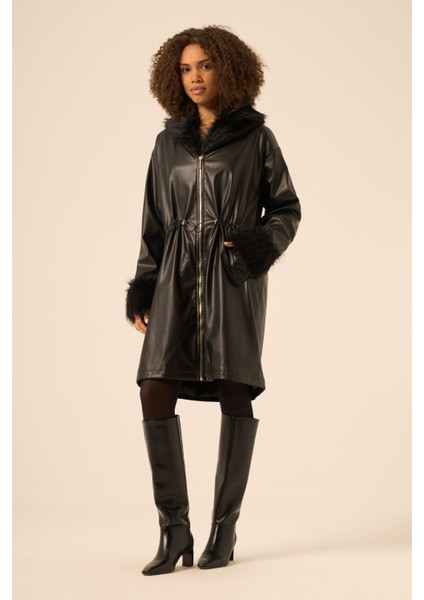 Bayan Kürk Yaka Deri Kaban Siyah 31242 fırsatları