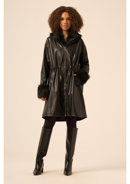 Bayan Kürk Yaka Deri Kaban Siyah 31242 indirimleri