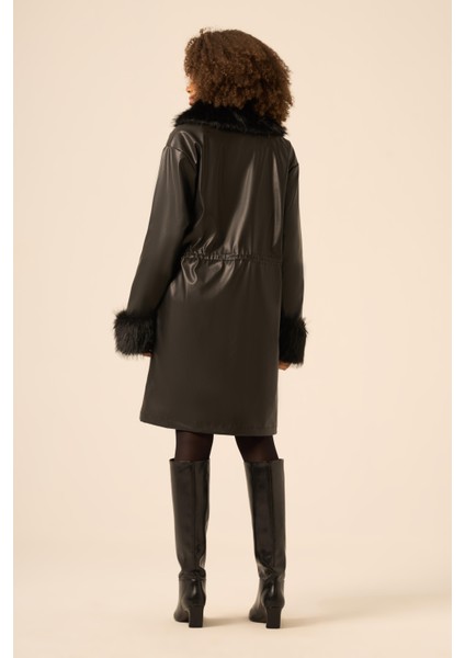 Bayan Kürk Yaka Deri Kaban Siyah 31242