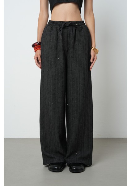 Kadın Simli Bol Paça Beli Lastikli Düz Renk Pantolon