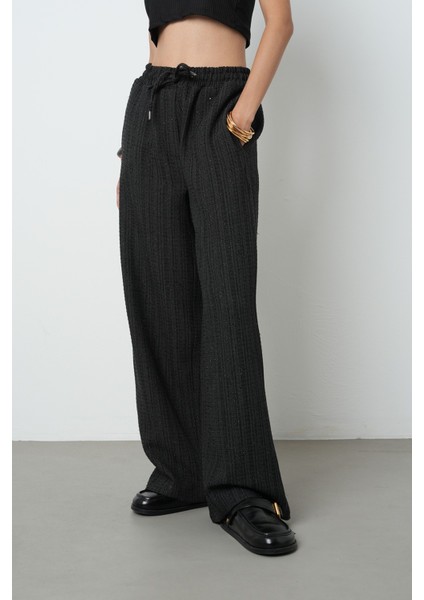 Kadın Simli Bol Paça Beli Lastikli Düz Renk Pantolon modelleri