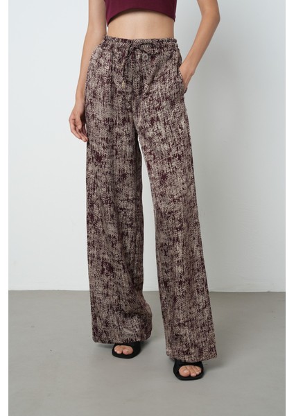 Kadın Bordo Renk Kırçıllı Bol Paça Beli Lastikli Pantolon modelleri