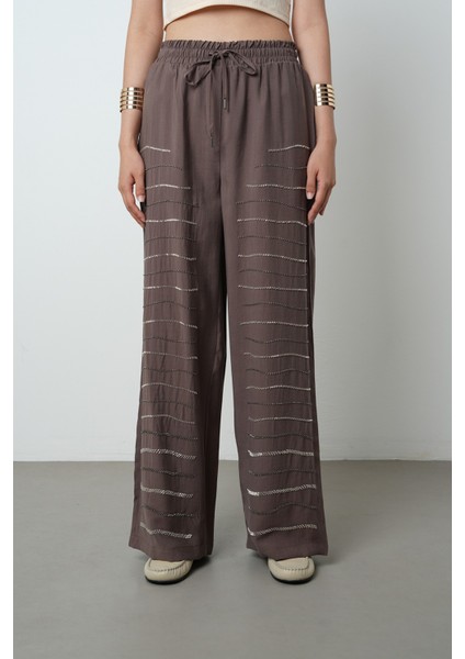 Kadın Yatay Şerit Taş Işlemeli Düz Renk Beli Lastikli Bol Paça Pantolon
