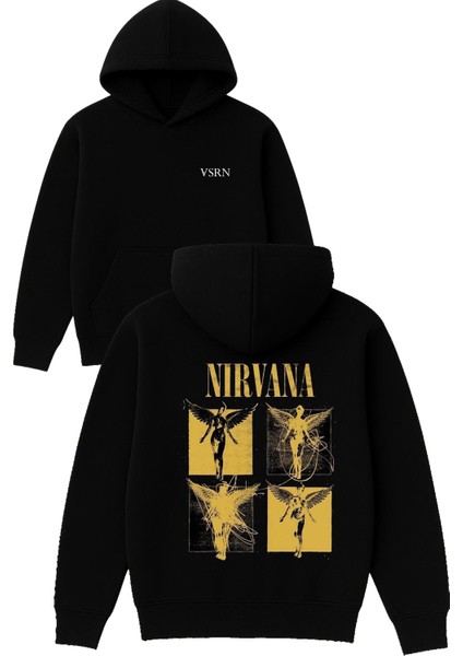 4 Nırvana Tasarım Baskılı Oversize Siyah Kapüşonlu Sweatshirt