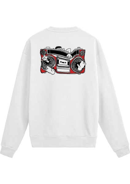 Sırt Baskılı Retro Müzik Kaset Çalar Tasarımlı Sweatshirt