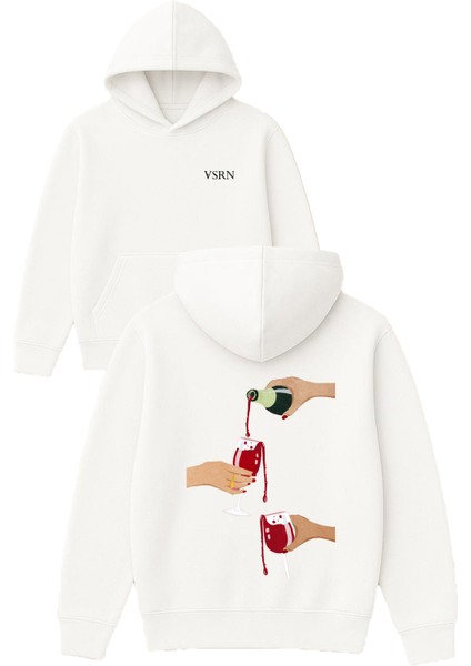 Service Wine Tasarım Baskılı Oversize Beyaz Kapüşonlu Sweatshirt