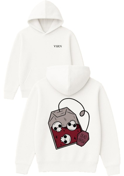 Dead Brew Tasarım Baskılı Oversize Beyaz Kapüşonlu Sweatshirt