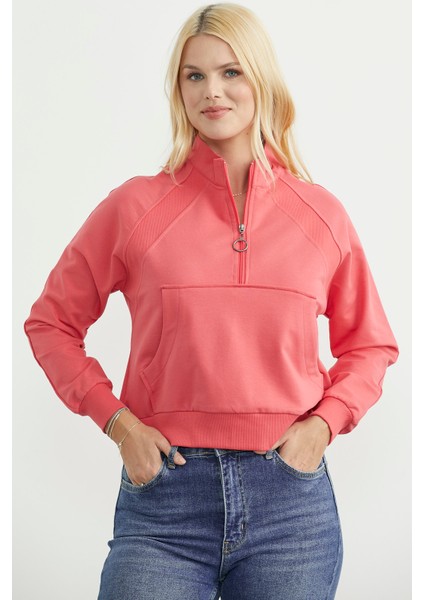 Dik Yaka Kanguru Cepli Crop Sweatshirt - Gül