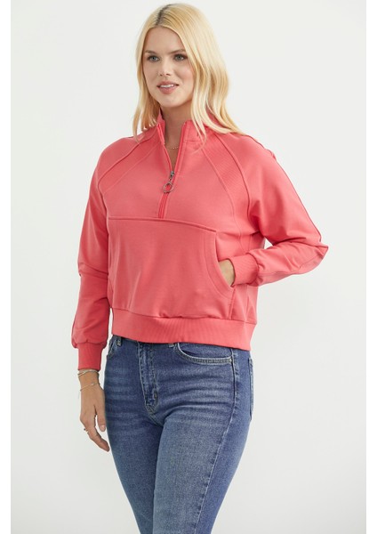 Dik Yaka Kanguru Cepli Crop Sweatshirt - Gül fiyatları