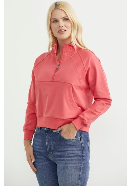 Dik Yaka Kanguru Cepli Crop Sweatshirt - Gül modelleri