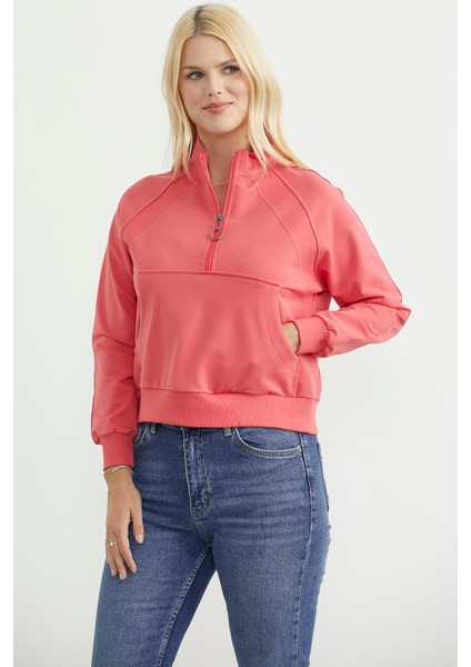 Dik Yaka Kanguru Cepli Crop Sweatshirt - Gül fırsatları