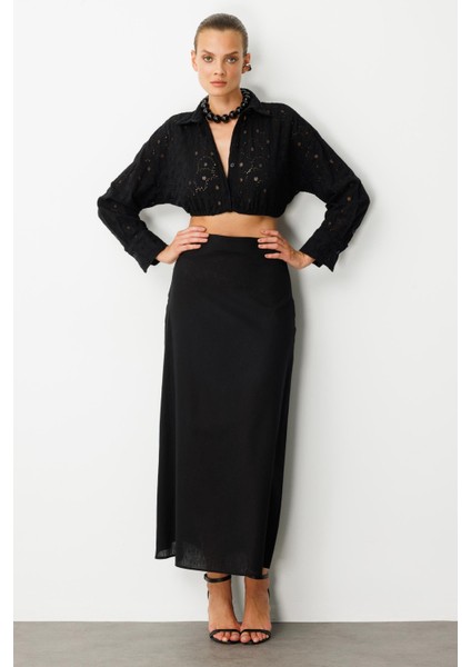 Pamuklu Keten Uzun Etek-Siyah modelleri