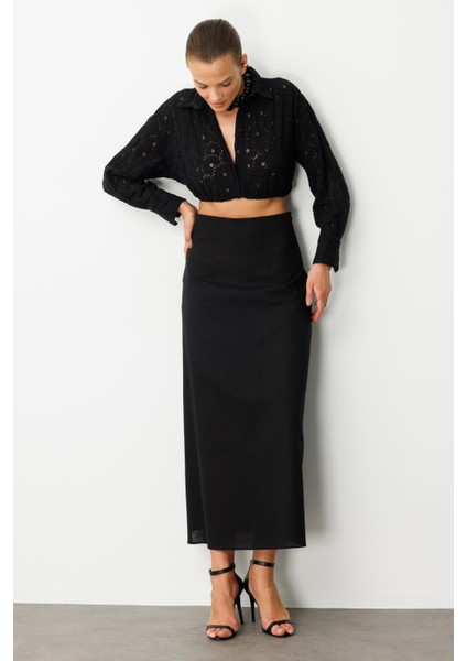 Pamuklu Keten Uzun Etek-Siyah fırsatları