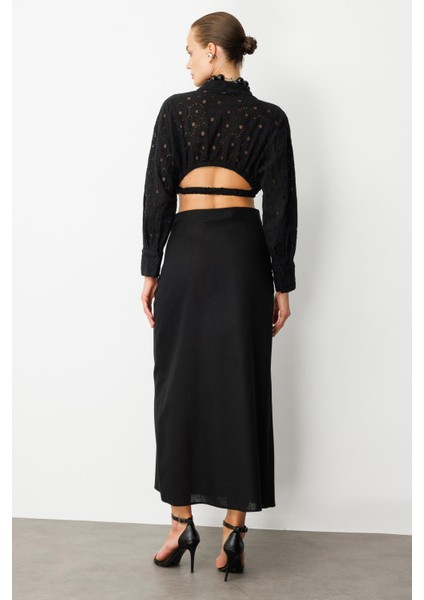 Pamuklu Keten Uzun Etek-Siyah