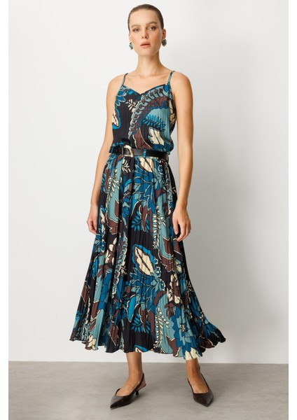 Beli Lastikli Kendinden Desenli Uzun Etek-Petrol modelleri