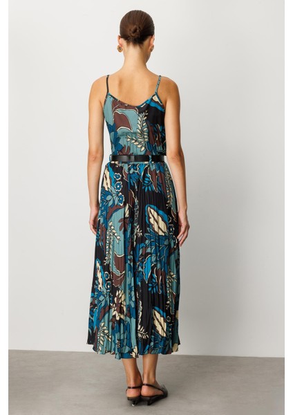 Beli Lastikli Kendinden Desenli Uzun Etek-Petrol