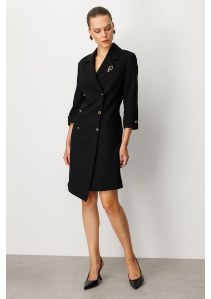 Kruvaze Yaka Düğmeli Ceket Elbise-Siyah-Siyah