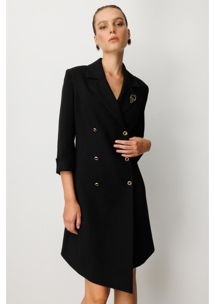 Kruvaze Yaka Düğmeli Ceket Elbise-Siyah-Siyah fiyatları