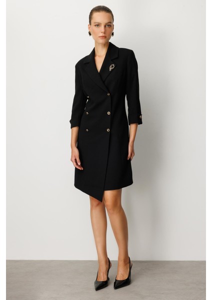 Kruvaze Yaka Düğmeli Ceket Elbise-Siyah-Siyah modelleri