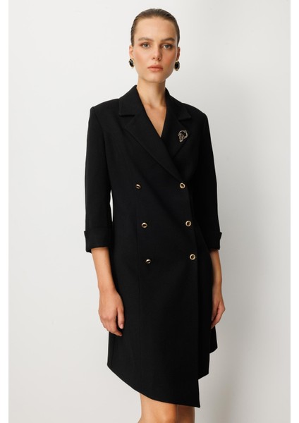 Kruvaze Yaka Düğmeli Ceket Elbise-Siyah-Siyah fırsatları