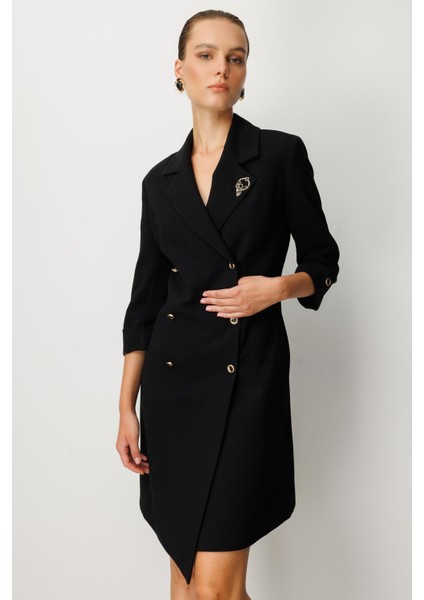 Kruvaze Yaka Düğmeli Ceket Elbise-Siyah-Siyah indirimleri