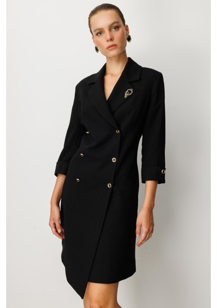 Kruvaze Yaka Düğmeli Ceket Elbise-Siyah-Siyah