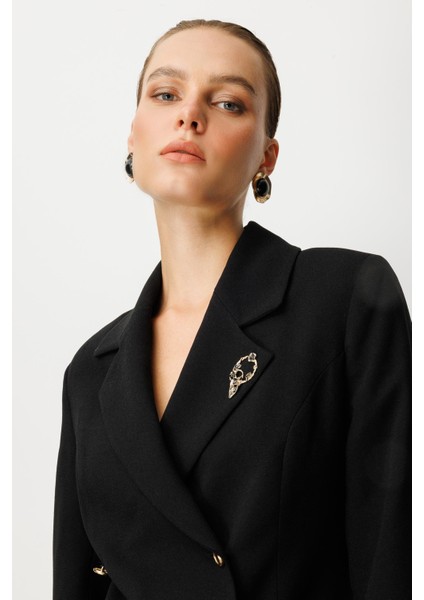 Kruvaze Yaka Düğmeli Ceket Elbise-Siyah-Siyah