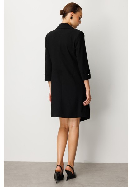 Kruvaze Yaka Düğmeli Ceket Elbise-Siyah-Siyah