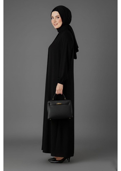 Medine Ipeği Mevlana Kesim Cepli Kuşaklı Bol Ferace Siyah