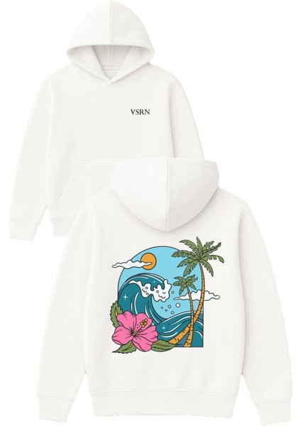 Güzel Manzara Tasarım Baskılı Oversize Beyaz Kapüşonlu Sweatshirt