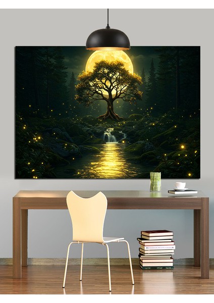 Aydınlık Ağaçlı Gece Manzarası Dekoratif Kanvas - Mdf Ahşap Tablo fiyatları