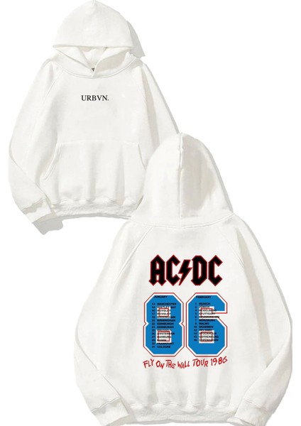 Acdc Tour Tasarım Baskılı Oversize Beyaz Kapüşonlu Sweatshirt
